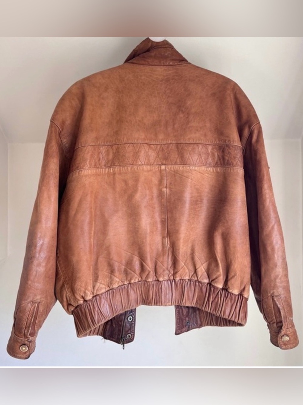 Vintage 90s Leather Bomber Jacket | Quilted Funnel Neck | Oversized Brown | L - Picture 5 of 16